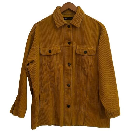 Zara Women’s Mustard Yellow Corduroy Oversized Raw Hem Jacket Shacket Pockets Sm - Picture 2 of 9